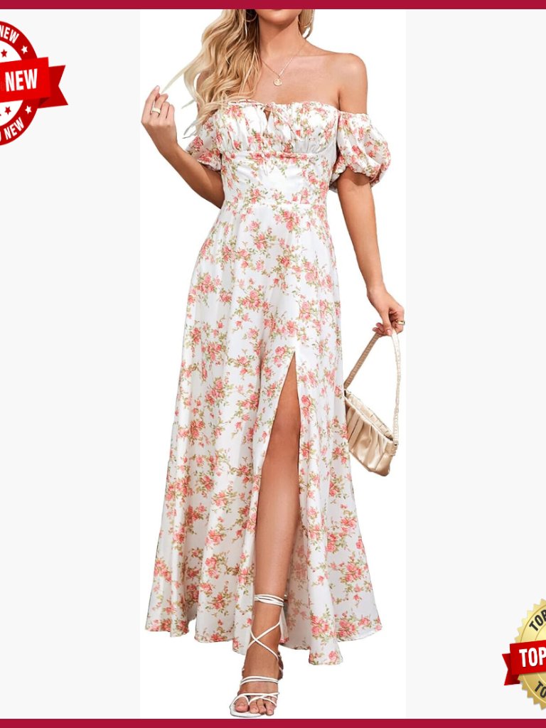 Summer Puff Sleeve Floral Maxi Dress High Waist A-Line Backless Formal